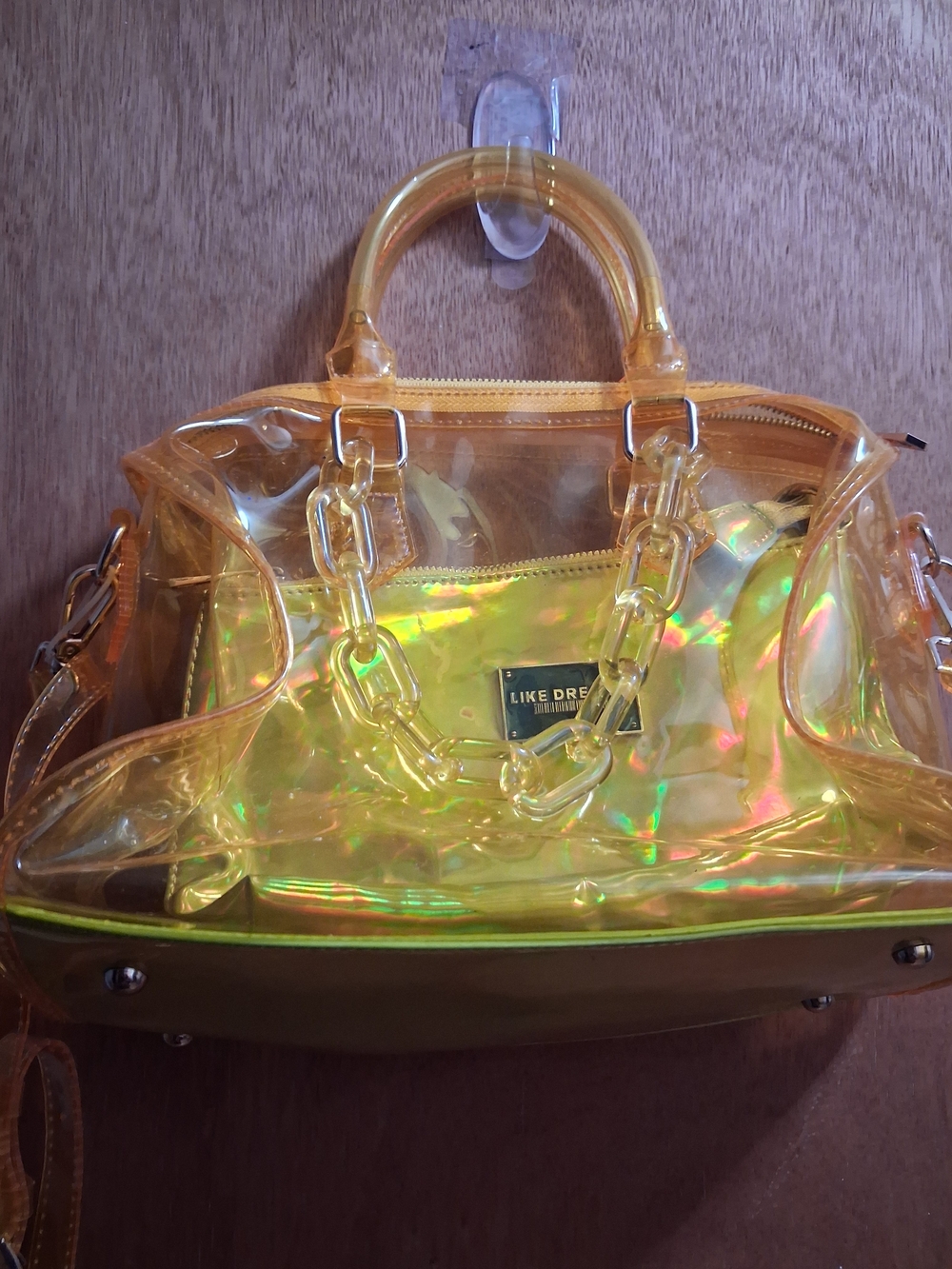 Holographic Transparent Yellow Satchel Bag with Chain Detail